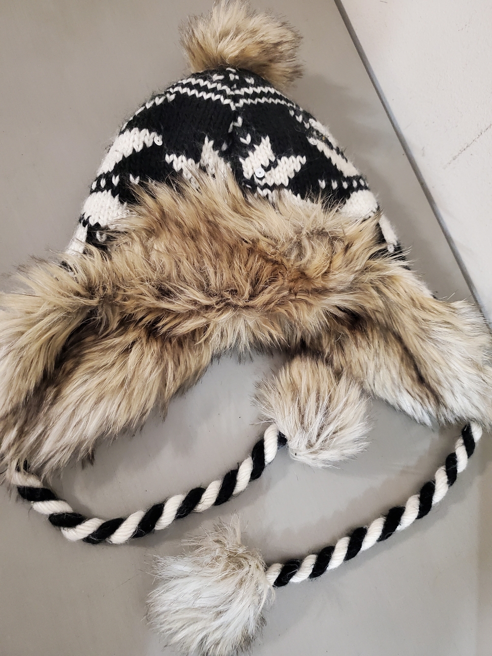 AE Black & White Knit Faux Fur Trapper Hat with Pom Poms
